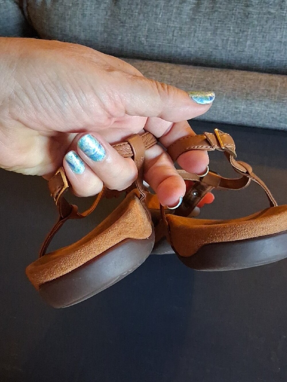 Vionic Brown Paulie T-Strap Sandals with Coral and White Floral Accents - Picture 7 of 14
